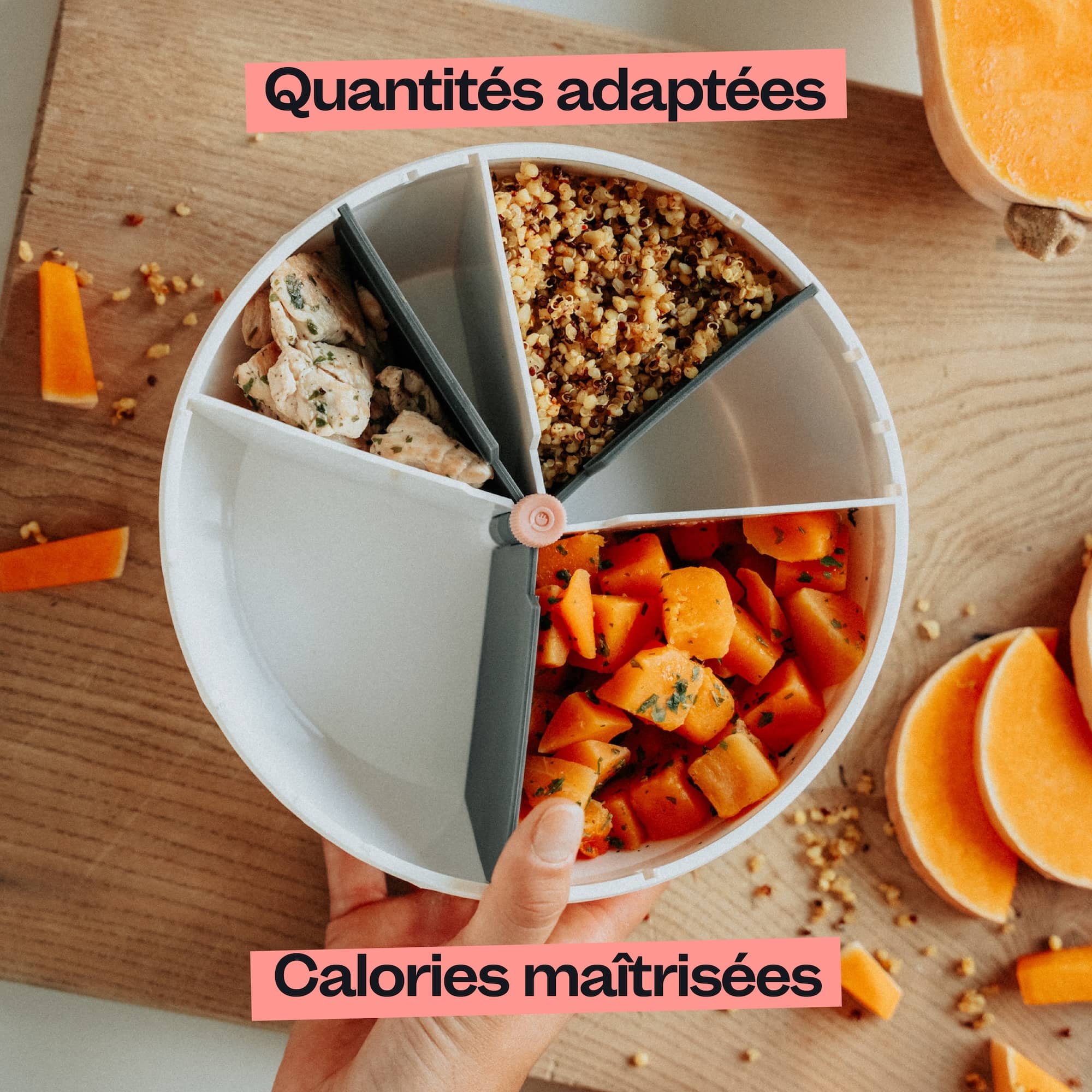 Photo d'un bol blanc montrant les quantités adaptées aux besoins de chaque utilisateur, ce qui permet de maîtriser parfaitement ses calories. 


