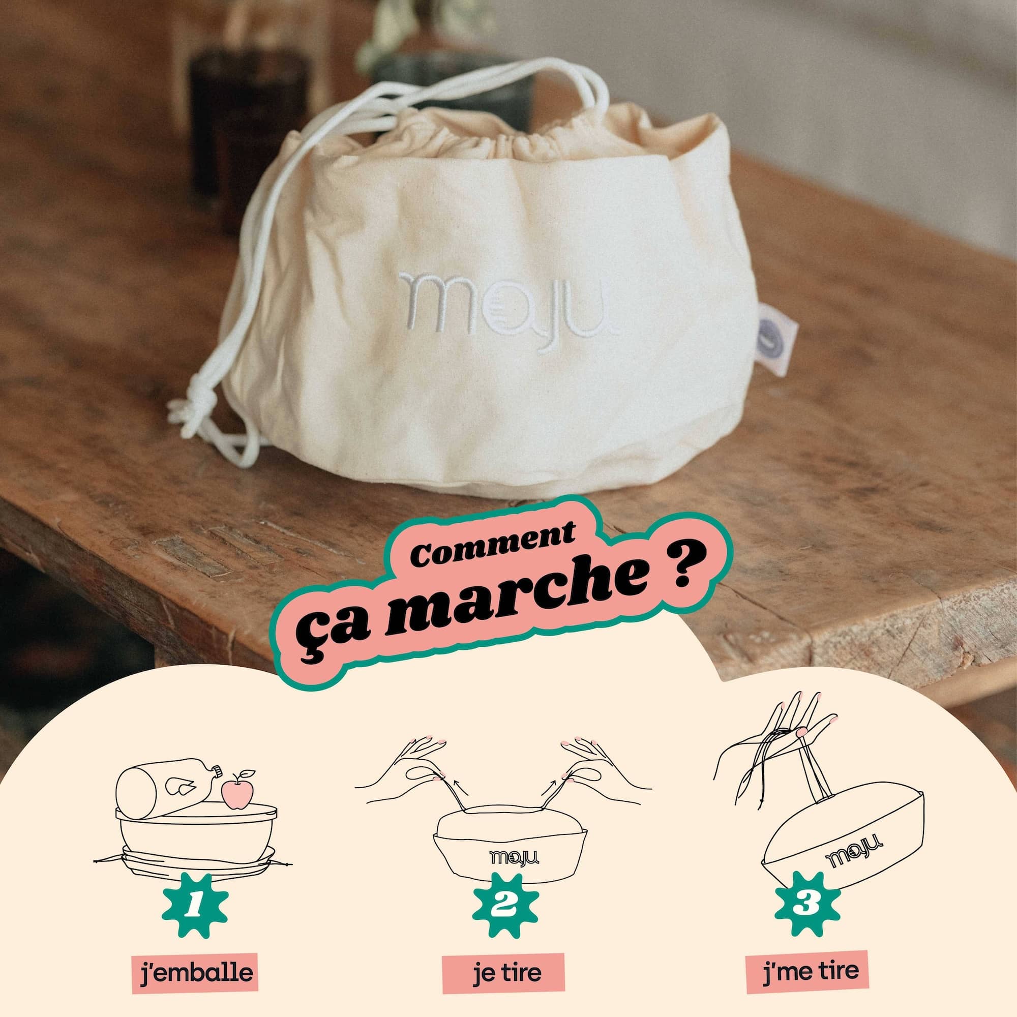 Fonctionnement du sac de transport maju en coton et de couleur crème. 