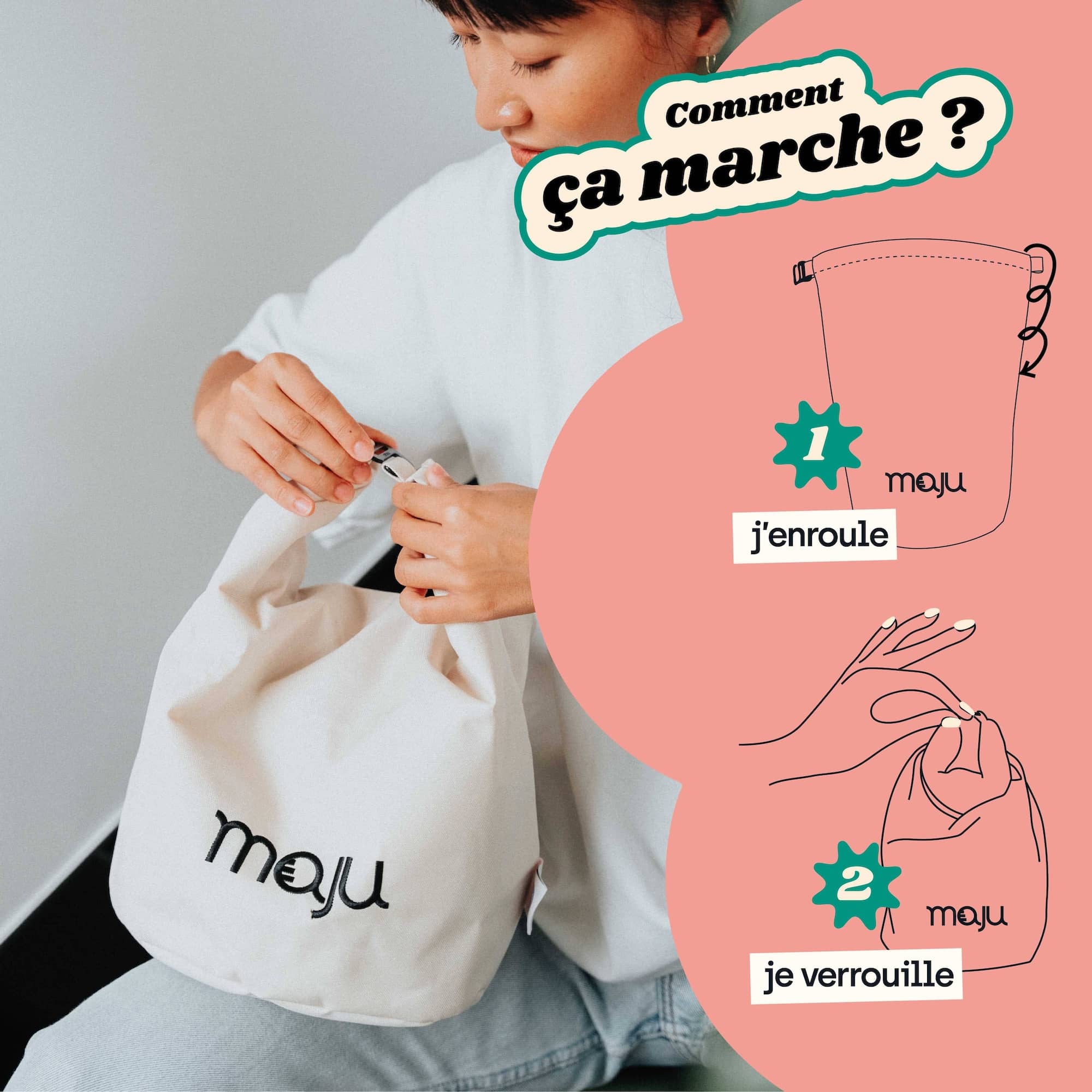 Fonctionnement de la fermeture du sac isotherme maju de couleur beige. [Beige]