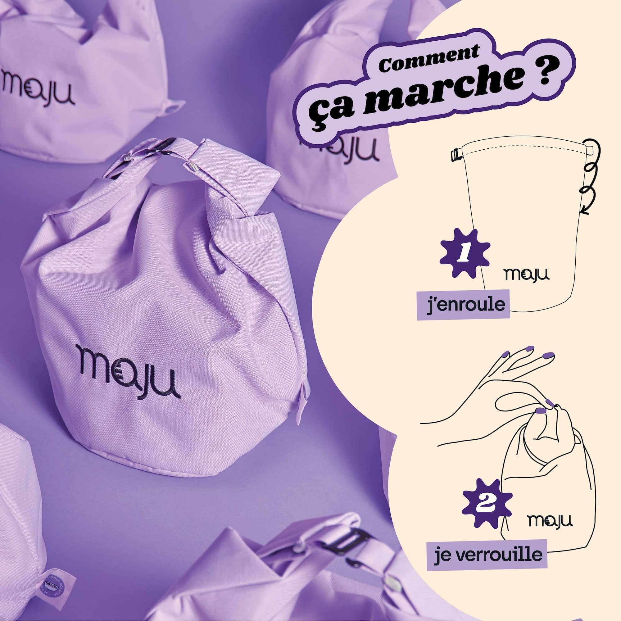 Fonctionnement de la fermeture du sac isotherme maju de couleur violet. [Violet]