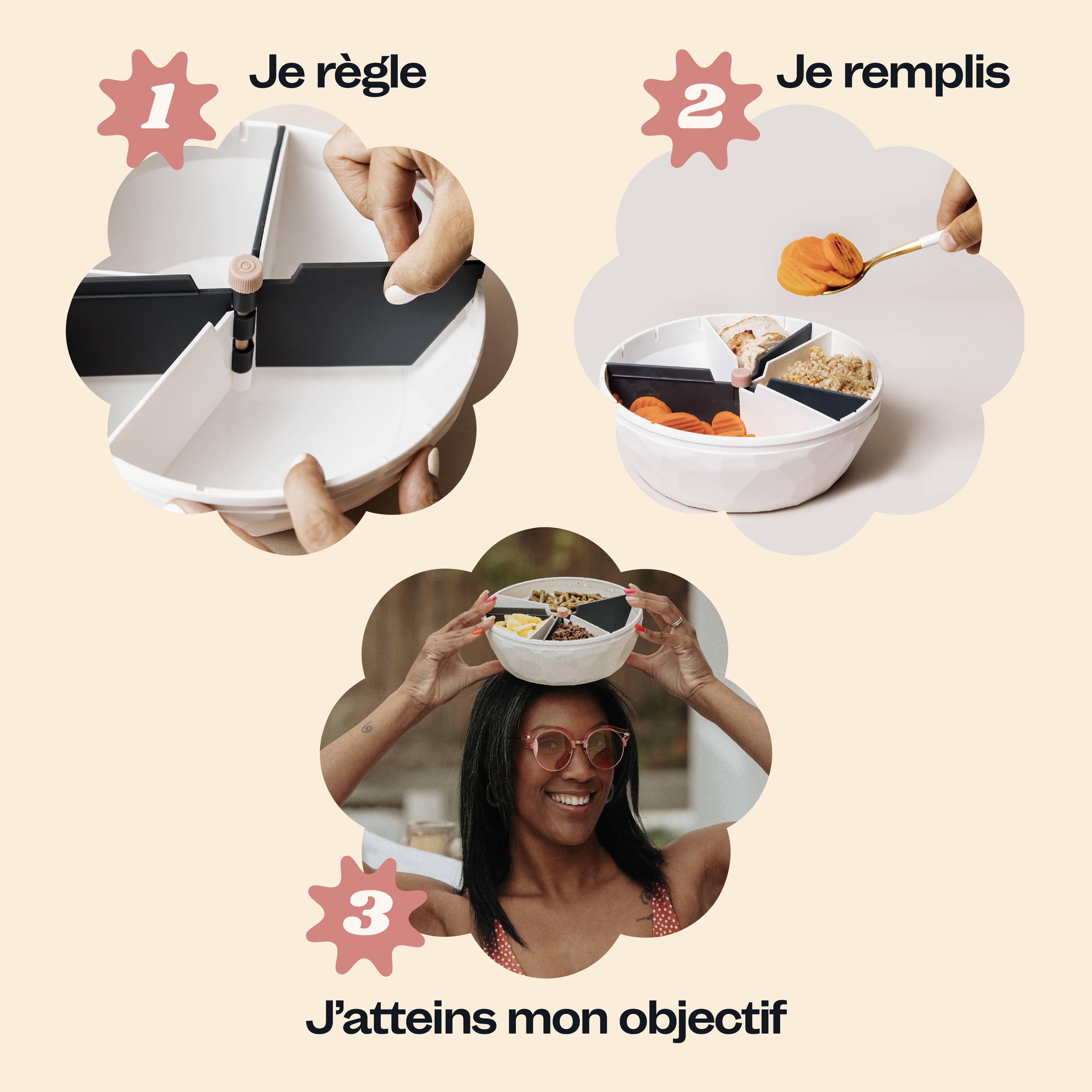 Les simples étapes pour utiliser le bol maju : régler son bol, le remplir, et c'est tout.1 bol maju de couleur kaki et 1 bol maju de couleur blanc avec l'application maju ouverte sur un smartphone. 